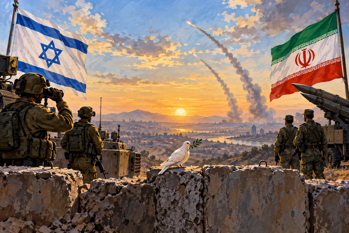 Editorial illustration: Trump’s Israel–Iran ceasefire faces its first test