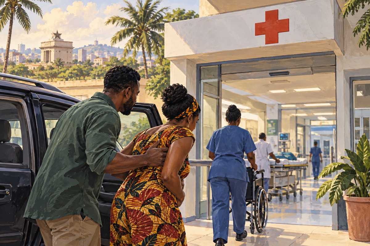 Editorial illustration: Healthcare in Ghana: what an emergency reveals about moving home