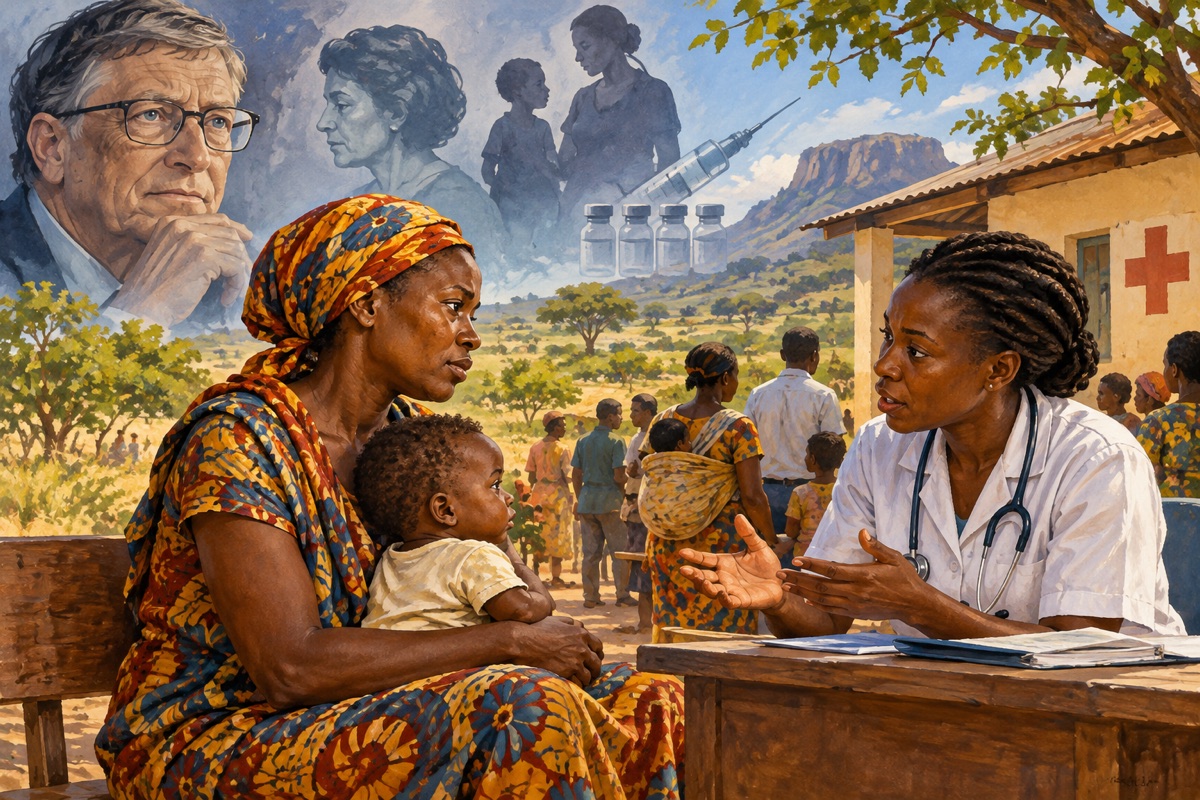 Editorial illustration: Bill Gates’ Africa pledge: health funding, history and the question of trust