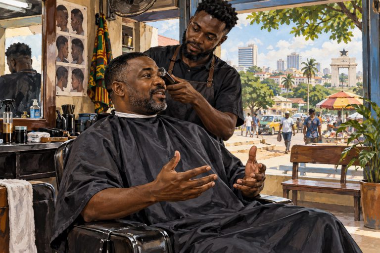 Editorial illustration: A haircut and a conversation about life and justice in Accra