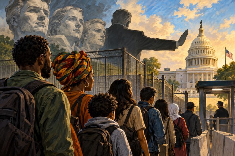 Editorial illustration: The “Great Replacement” fear: identity, power and Project 2025