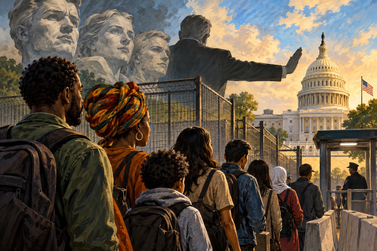 Editorial illustration: The “Great Replacement” fear: identity, power and Project 2025