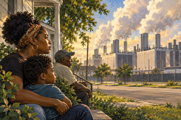 Editorial illustration: The AI boom’s local cost: Black communities question pollution