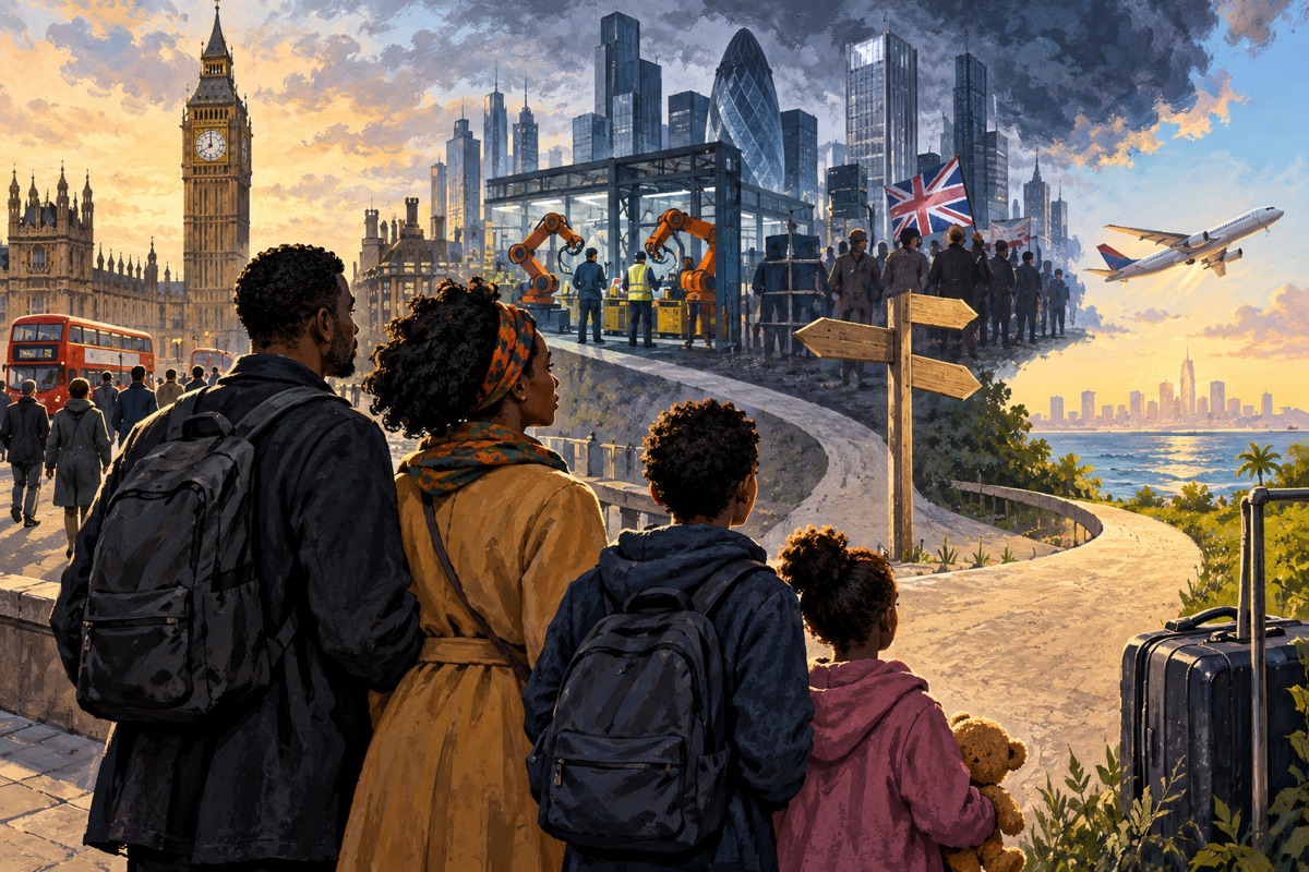 Editorial illustration: Britain’s changing future: automation, migration and the search for alternatives